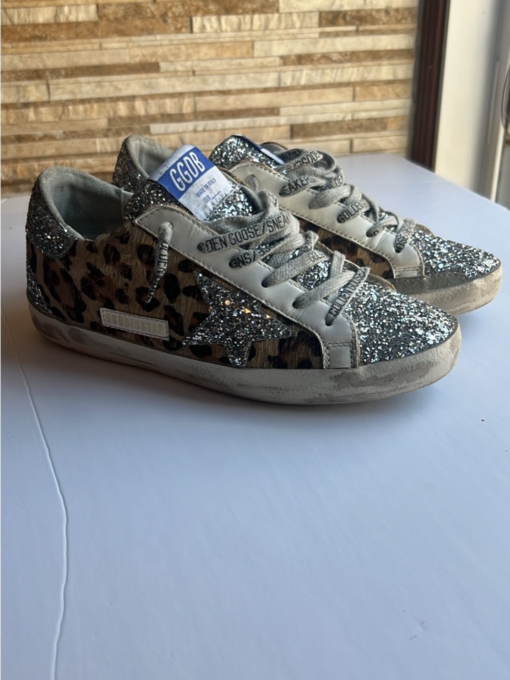 Golden Goose Silver Glitter & Leopard Print Sneakers